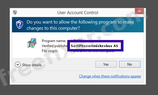 Screenshot where Sertifitseerimiskeskus AS appears as the verified publisher in the UAC dialog